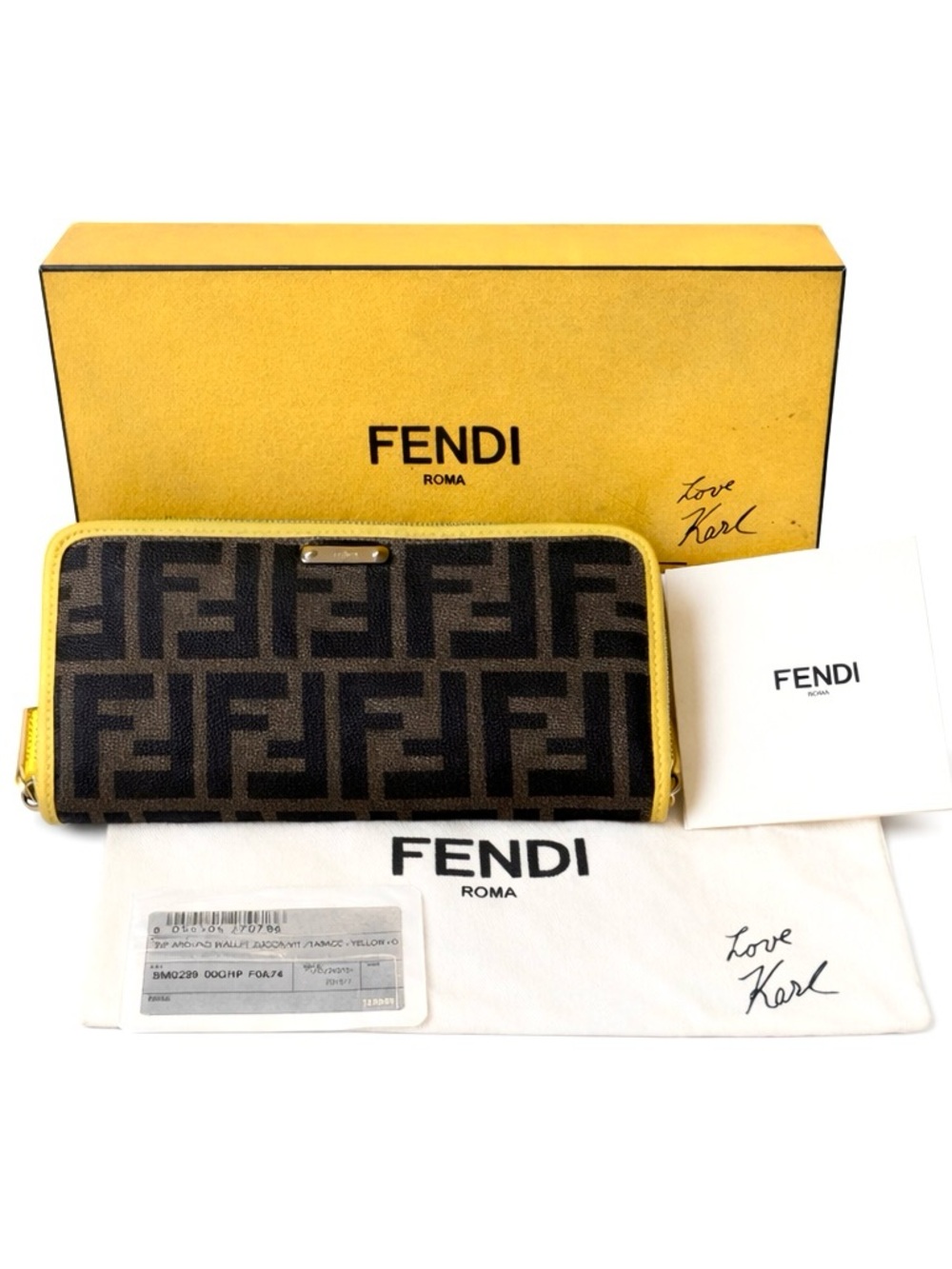 Fendi Zucca Special Edition Karl Lagerfeld Yellow/ Brown Long Zippy Wallet